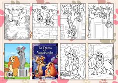 the lady and the tramp coloring pages are shown in four different styles, including one with