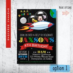 mickey mouse birthday party card with space shuttle and rocket ship on the front, customiza for