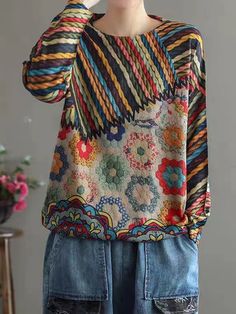 Fall Patchwork V-neck Blouse, Casual V-neck Patchwork Top, Multicolor Print V-neck Top For Fall, Casual Long Sleeve Patchwork Sweater, Casual Multicolor Long Sleeve Sweater, Multicolor Long Sleeve Casual Sweater, Winter Long Sleeve Patchwork Blouse, Spring V-neck Sweater With Patchwork, Casual Patterned Long Sleeve Tops