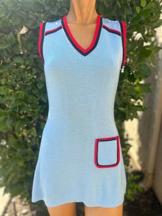 Here is a vintage 1970s knit Tennis Dress. Made by," What a Racquet".Size Medium .Bust 34", waist 28",hips 42", from top of shoulder to hem 30". Pulls over your head.Baby blue knit with red and navy blue trim.Nice vintage condition Vintage Tennis Dress, 80's Clothes, Blue Vintage Dress, Random Clothing, Vintage Halter Dress, Vintage Dress Blue, 1970 Dress, Vintage Tennis, 80s Outfit