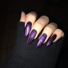 Dark Purple Holographic Nails, Dark Purple Cateye Nails, Sparkly Purple Nails Acrylic, Sparkly Dark Purple Nails, Dark Purple Sparkle Nails, Black Nails With Purple Glitter, Purple Pointy Nails, Dark Purple Sparkly Nails, Dark Purple And Silver Nails