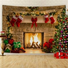 a fireplace decorated with christmas stockings and presents