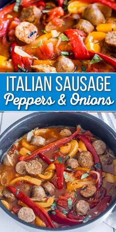 Skillet on stove top with slices of Italian sausage, peppers and onions with Pinterest overlay Sausage And Peppers Italian Style, Sweet Sausage Recipes Crock Pots, Crock Pot Chicken Sausage Recipes, Easy Italian Food For A Crowd, Freezer Sausage And Peppers, Crockpot Meals With Italian Sausage, Sausage Peppers Onions And Potatoes Crockpot, Crock Pot Italian Sausage And Peppers, Crockpot Italian Sausage And Peppers