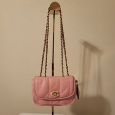 Nwot Coach Quilted Pillow Madison 18 In The Color/Shade "Bubblegum" With Brass Hardware Never Worn Or Used Has A Denting In Front Of Bag From Storage (Refer To Picture) Price Is Firm Coach Madison Bag, Quilted Pillow, Color Shades, Brass Hardware, Pink Bag, Coach Bags, Crossbody Bags, Bag Lady, Brass