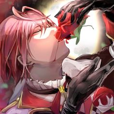 a woman with long pink hair is kissing a man in front of a red rose