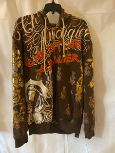 Christian Audigier Mens Original New With Tags  Maiden Long Sleeve Jacket with hoodie Brown XL Reversible with Rhinestones 100% cotton Jacket With Hoodie, Christian Audigier, Long Sleeve Jacket, Sleeve Jacket, Long Sleeves Jacket, Hoodie Jacket, My Style, The Originals, Tags