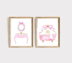 two framed pictures with pink furniture and bows on the top, one has a mirror