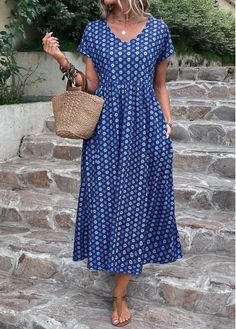 #vneck #polka #long #stylish #party #belted #geometric #pocket #stylishdress #partydress Casual Summer Dresses For Women Over 50, Moda Safari, Blue A Line Dress, European Cruise, 60 Outfits, Dots Clothing, Women's A Line Dresses, Dress Stores Online, Modest Clothing