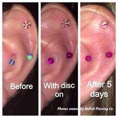 three different types of piercings are shown in the same image, one is pink and one is green