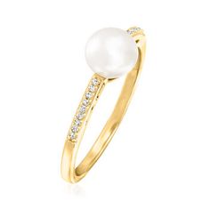 Ross-Simons - 6mm Cultured Pearl Ring, Diamond Accents in 14kt Yellow Gold. Size 7. RS Pure. Delicate, modern, elegant ? and perfect for every look, every day. Glitter and glow from day into night with this dainty ring, featuring a 6mm cultured freshwater pearl glowing amid diamond accents on a simple 14kt yellow gold band. Pairs well with other stackable rings! 1/4" wide. Diamond and white pearl ring. Pearl birthstones are the perfect gift for June birthdays. White Pearl Ring, Cultured Pearl Ring, Pearl Birthstone, Ring Pearl, Yellow Gold Jewelry, Ring With Diamond, Ring Diamond, Dainty Ring, Gold Band