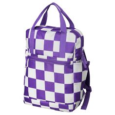 a purple and white checkered lunch bag