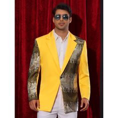 The shiny sequin design of the color block blazers can make your outfit more eye-catching. You can pair the sequin sports coat with shiny pants and button shirts for parties, stage performance or dancing events. The color block sports coats are suitable for parties, dancing, stage performance, costume, wedding parties, festival celebrations, etc. Long Sleeve Yellow Blazer For Party, Yellow Long Sleeve Blazer For Party, Dancing Stage, Costume Wedding, Halloween Color, Button Shirts, Performance Costume, Shiny Pants, Sequin Blazer