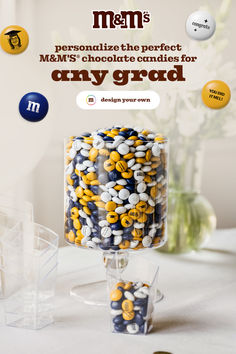 an ad for m & m's chocolate candies is displayed on a table