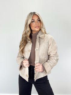 WL23-7790LN stone jacket Wishlist Neutral Jacket, Trendy Boutique Clothing, Lane 201, Dinner Drinks, Trendy Boutique, Edgy Look, Suede Jacket, In The Winter, Soft Suede