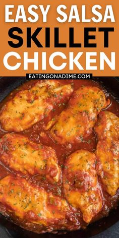 easy salsa skillet chicken recipe in a cast iron skillet with text overlay