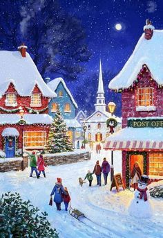 a painting of people walking in the snow near some houses with christmas lights on them