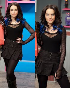 two pictures of a woman with blue hair and black clothes, posing for the camera