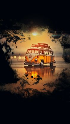 an orange and white bus driving down a street next to the ocean at night time