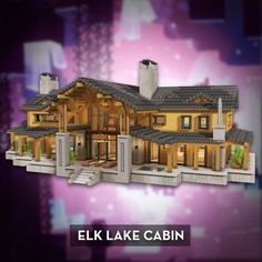 an image of a house that is made out of legos and has the words elk lake cabin on it