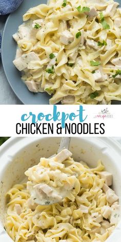 chicken and noodles in a white bowl with text overlay