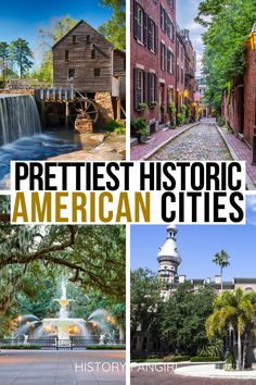 the prettiest historic american cities are featured in this postcard collage with text overlay