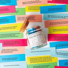 a jar of bread sitting on top of colorful sticky notes that say read me well