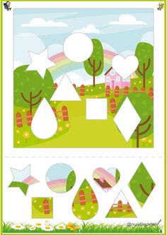 the cut out paper art work for children's crafts, including trees and houses