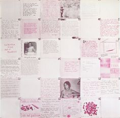 a wall covered in pink and white papers