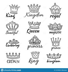 hand drawn crown logos with the words queen and prince