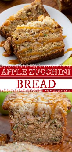 apple zucchini bread on a plate with apples in the background