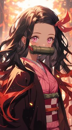 an anime character with long hair and pink eyes, holding a bamboo stick in her mouth