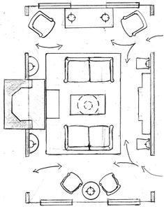 a drawing of a living room with couches, tables and other furniture in it