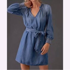 Anthropologie Cloth & Stone Beautiful Blue Chambray/Denim Type Pull On Dress With Belt; Size Medium. Gathered Sleeve Cuffs; Open V-Neck. Measurements Shown In Photos. Bohemian Mini Dress, Print Chiffon Maxi Dress, Cloth And Stone, Mini Tunic Dress, Safari Dress, Western Style Shirt, Sheer Mini Dress, Chambray Shirt Dress, Denim Midi Dress