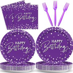 purple birthday party supplies with confetti and polka dots on the plates, forks and napkins