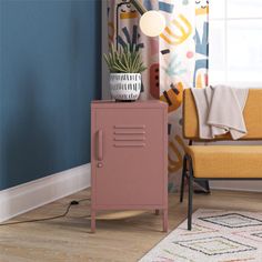 a pink locker next to a yellow chair in a room with blue walls and rugs