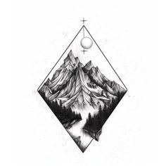 a drawing of mountains and trees in a diamond shape