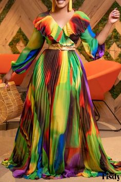 Fisdy - Elegante vestido de volantes con escote en V y estampado de colores (cinturón no incluido) African Dresses For Women Plus Size, Muslim Gown, Pleated Gown, Line Dresses, Outfits Dress, A Line Dresses, Pleated Maxi Dress, Pleated Maxi, African Dresses For Women