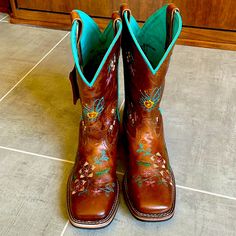 These Are Adorbes My Teen Grew Before Worn!! New With Tags. The Embroidery Is Awesome!! Will Be The Perfect Pair For Your Cowgirl!!Turquoise Interior Brown Leather Boot. Slight Heel. New With Tags Traditional Brown Boots For Spring, Brown Bohemian Embroidered Boots, Brown Boots With Floral Embroidery And Round Toe, Cowgirl Turquoise, Turquoise Interior, Tory Burch Riding Boots, Mountain Boots, Velvet High Heels, Harley Davidson Boots