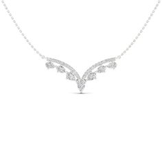 Timeless and elegant, this luxe necklace showcases a curving V pendant that shimmers with a top row of round diamonds and a bottom row of stunning pear-shaped diamonds. Crafted in cool 14K white gold, the necklace has a total diamond weight of 1 1/2 carats. The pendant suspends from an 18-inch cable chain that secures with a lobster clasp. V Pendant, Luxe Necklace, V Necklace, White Gold Necklaces, Pear Shaped Diamond, Accessories Jewelry Necklace, 2 Carat, Cable Chain, Pear Shaped