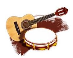 an acoustic guitar and tambour on a white background