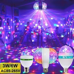 three different types of light bulbs in a room with disco balls on the floor and people behind them