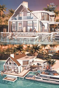 two different views of a house on the water and in front of it is a boat