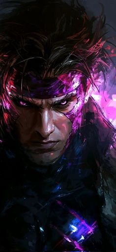 an image of a man with long hair and purple lights on his face, looking at something