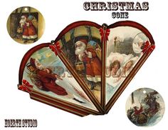 an old fashioned christmas card with santa claus and other characters on it's sides