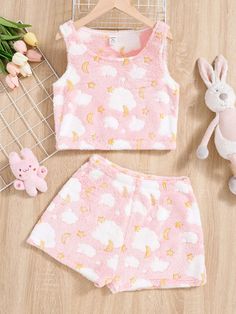 SHEIN Teen Girl Cloud & Moon Pattern Tank Top & Shorts | SHEIN USA Cute Pink Clothes, Cherry Flower, Moon Pattern, Lovely Clothes, Pink Outfits, Teen Girls, Girls Clothing, Cute Pink, Embroidered Flowers