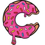 a pink donut with sprinkles is in the shape of the letter c