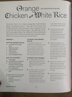 an orange chicken and white rice cookbook with instructions on how to make the sauce