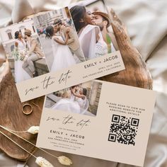 wedding photo save the date cards on top of a wooden slice