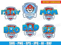 Paw Patrol Birthday Shirt Boys, Paw Patrol Birthday Shirt, Paw Patrol Shirt, Shield Vector, Cricut Birthday, Paw Patrol Toys, Party Logo, Birthday Party Stickers, Party Boy