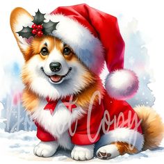 a corgi dog wearing a santa hat and red scarf sitting in the snow